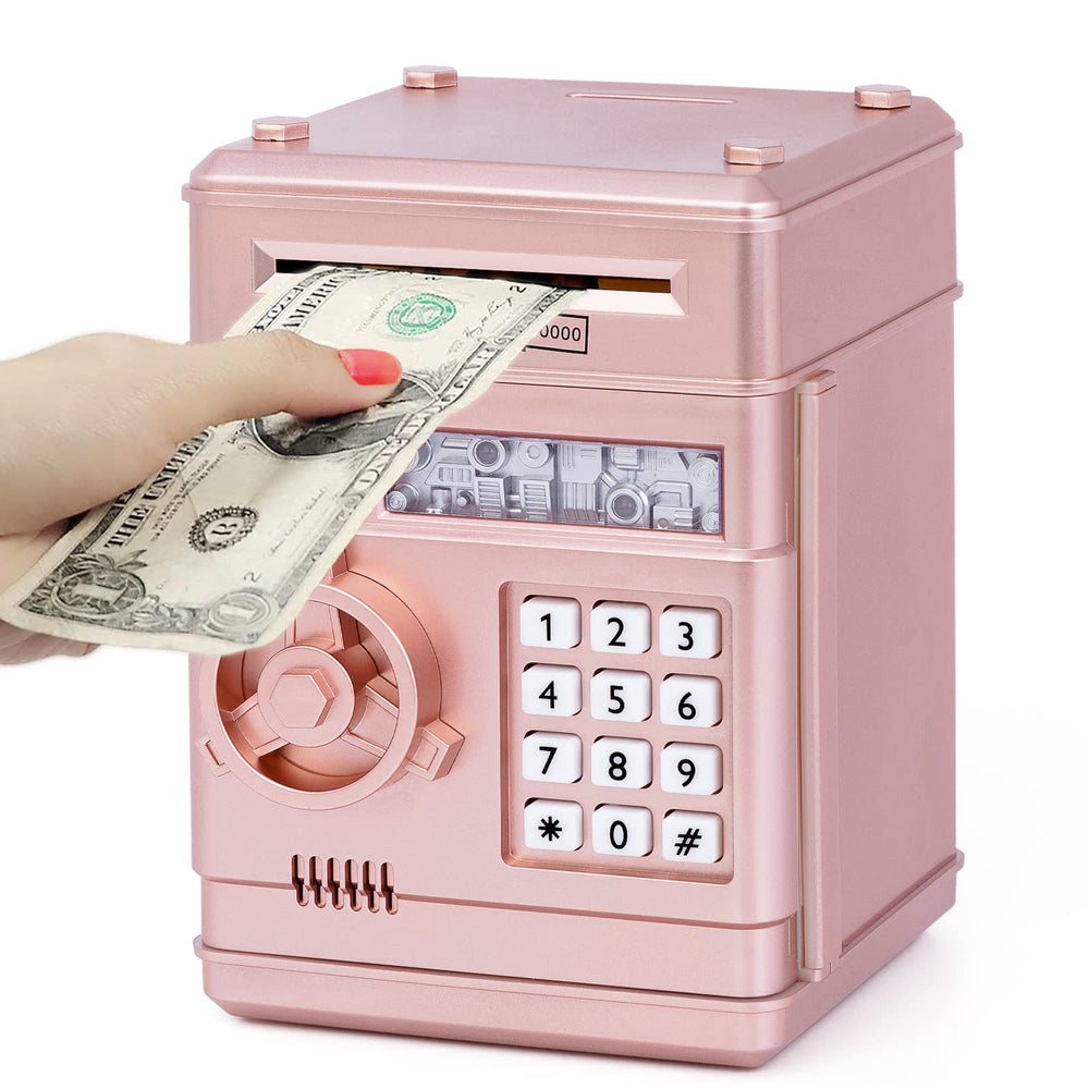 Refasy piggy bank front view in rose gold showing playful design and secure storage