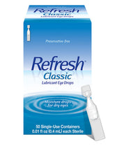 Refresh front packaging showing 50 single-use vials, clear labeling and benefits