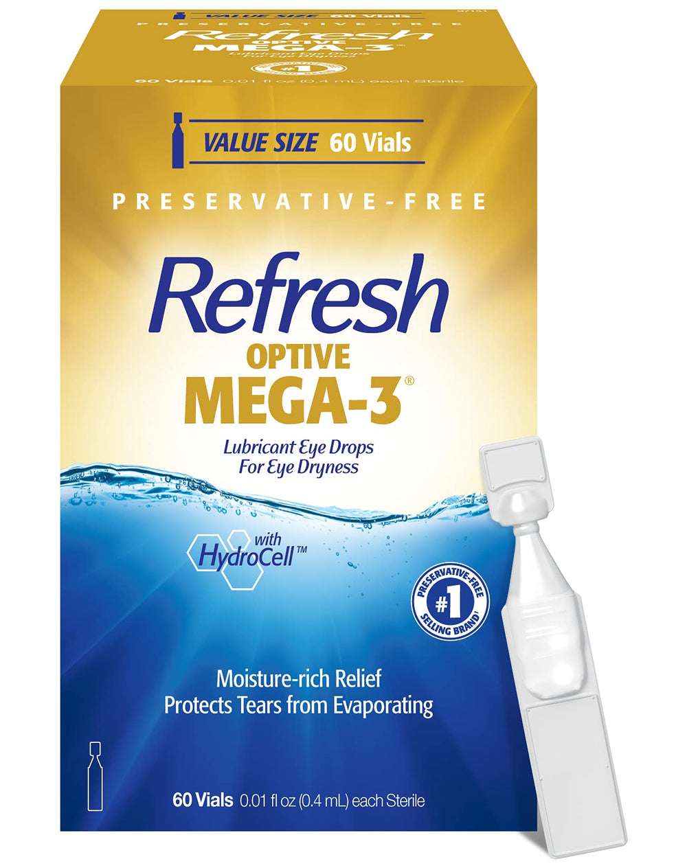 Refresh OPTIVE MEGA-3 front packaging showing product benefits and vial count