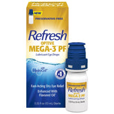 Refresh OPTIVE MEGA-3 front packaging showing bottle and label, helps soothe eyes