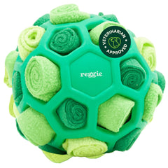 Reggie front view of snuffle ball showing folds and bright green color for engaging play
