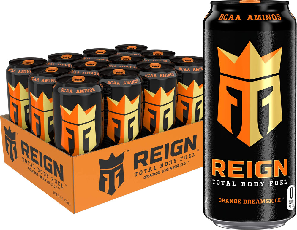 Reign Orange Dreamsicle front packaging showing vibrant orange-vanilla flavor and benefits