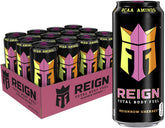 Reign can front view showing Reignbow Sherbet branding and zero sugar benefit