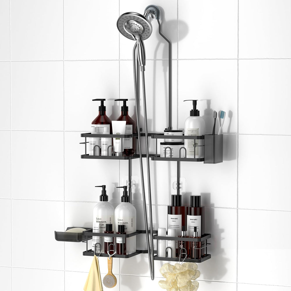 REINHARDT front view of hanging shower caddy showing neat storage and easy access