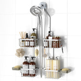 REINHARDT front view of hanging shower caddy showing organized storage and durability