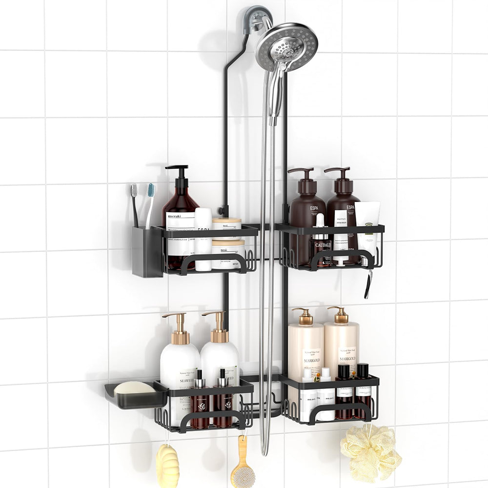 REINHARDT front view over showerhead showing organized toiletries and easy reach