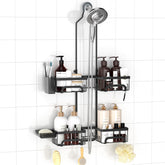 REINHARDT front view over showerhead showing organized toiletries and easy reach
