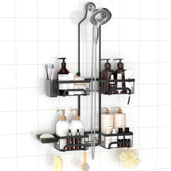 REINHARDT front view over showerhead showing organized toiletries and easy reach