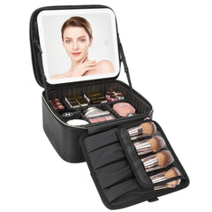 Relavel front view of black travel makeup case showing durable PU exterior and handle benefit protection