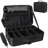 Relavel front view of makeup case showing organized compartments and durable carry handle