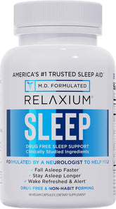 Relaxium front bottle on white background showing clear sleep-support branding and benefits