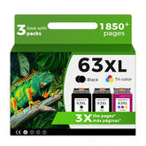 Relcolor 63XL front packaging showing two black and one color cartridge benefit fewer replacements