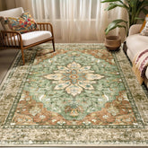RELEANY front view of 5x7 rug showing vintage sunflower medallion and warm tones