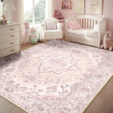 RELEANY full front view of pink 5x7 rug, showcases vintage appeal and soft comfort