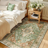 RELEANY front view of brick brown green rug showing full vintage pattern and versatility
