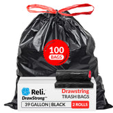 Reli front packaging showing 39 gallon bags and 100 count, convenient storage