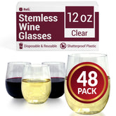 Reli. clear 12oz pack of 48 disposable wine glasses showing packaging and contents for easy event planning