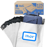 Reli. front view of white 19x24" poly mailer showing clean branding and size benefit