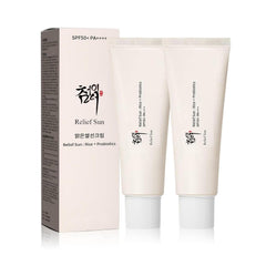 RELIEF SUN front tube showing label and travel-friendly size, protects and hydrates