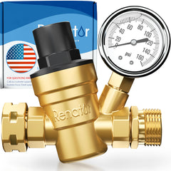 Renator regulator front view showing brass body and threaded connection, protects RV plumbing