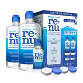 Renu front packaging showing two 16 oz bottles and included cases for convenient supply