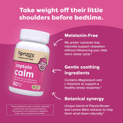 Renzo's Captain Calm dosage display with tablets and measuring guide for parents
