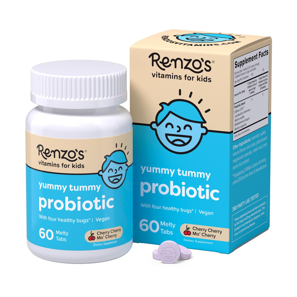 Renzo's front packaging showing cherry melty tabs and clean ingredient callouts