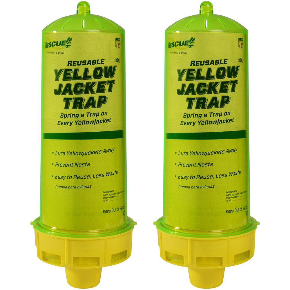 RESCUE! front view of reusable yellowjacket trap showing label and shape, clear identification benefit