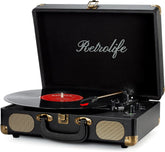 Retrolife suitcase front view showing black PU leather and portable handle for easy transport