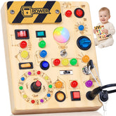 RichBoy busy board front view showing switches and LEDs, encouraging focused play