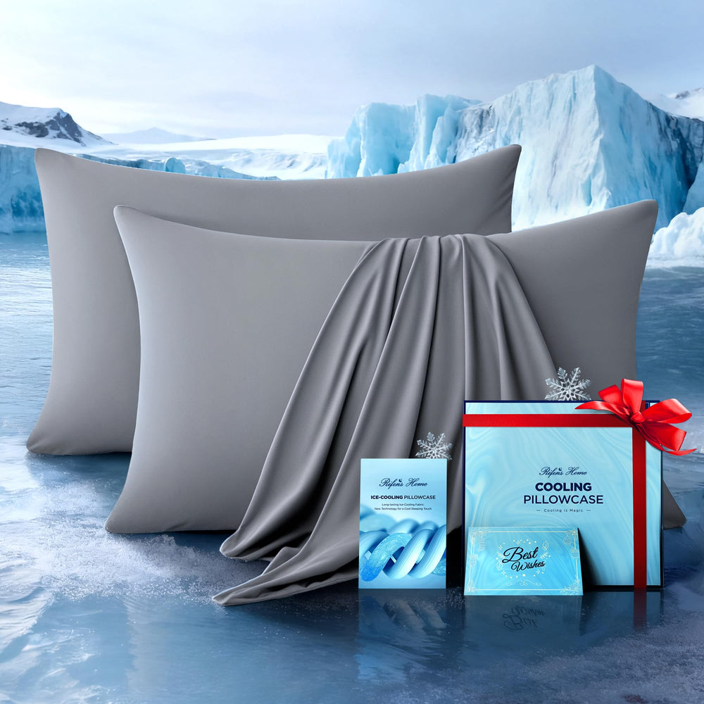 Rifens Home front packaging showing light gray pillowcases and benefits