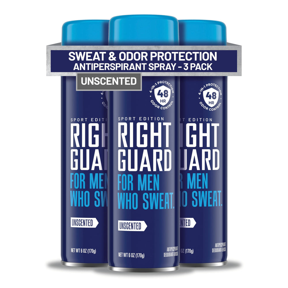 Right Guard spray front packaging showing clean unscented design and protection