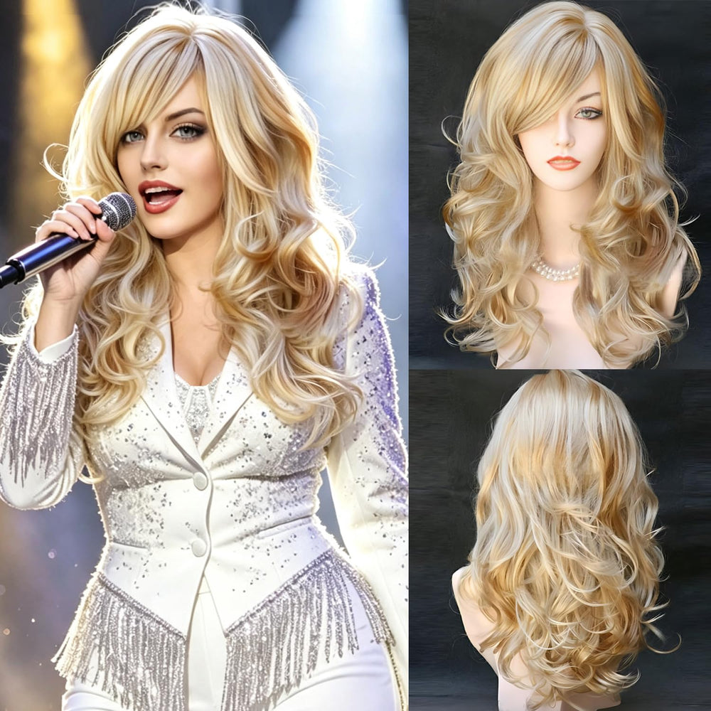 RightOn front view showing long blonde mix brown wig and bangs for natural look