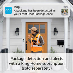 Ring installed by front door in lifestyle scene showing quick visitor monitoring