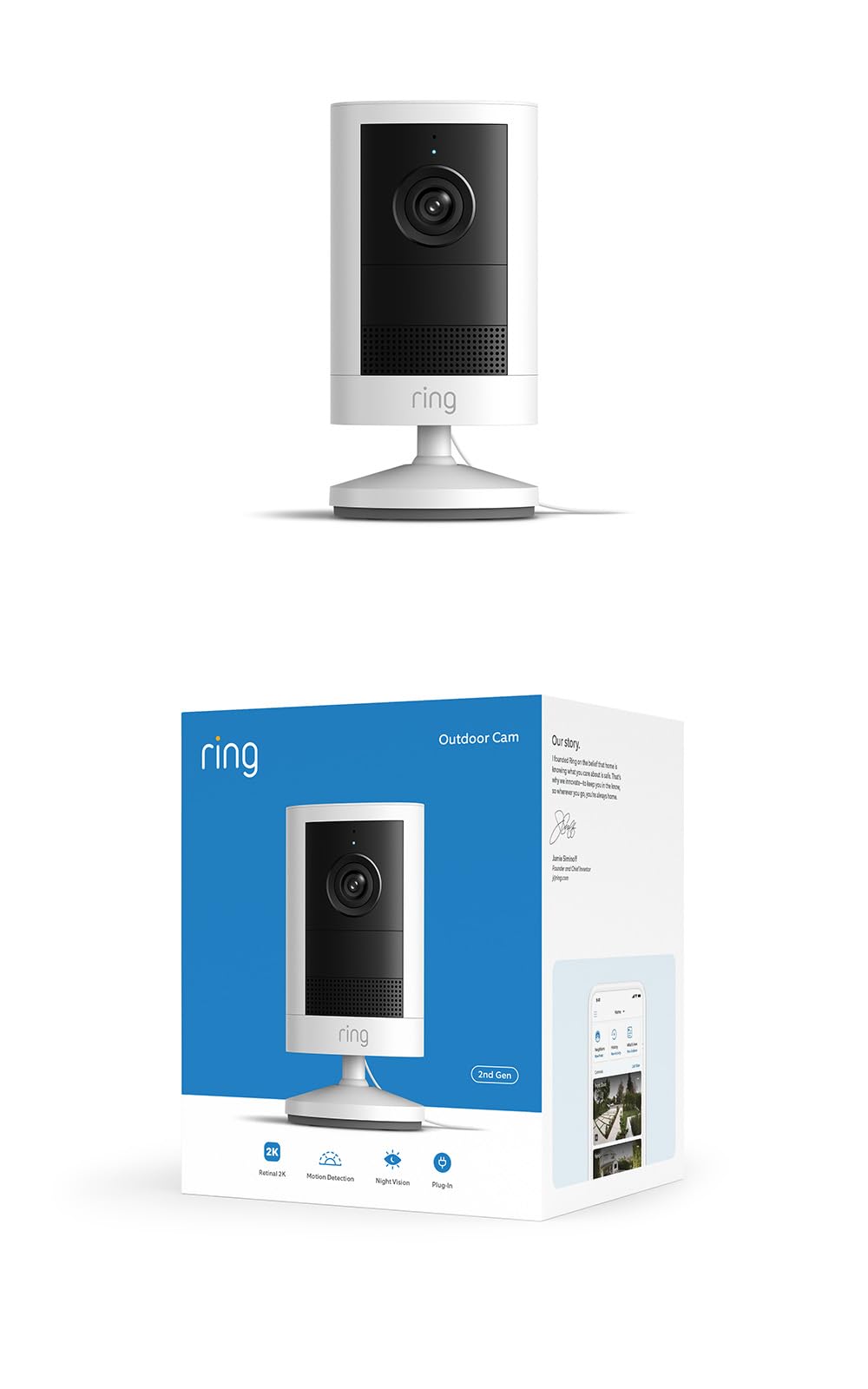 Ring outdoor cam 2K front view showing lens and wide-angle coverage benefit