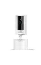 Ring pan-tilt indoor cam front view showing sleek white housing and easy placement benefit