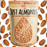 Roastery Coast front packaging showing 3 lb unsalted almonds freshness