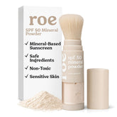 Roe Wellness front packaging showing brush-on powder and SPF50 protection