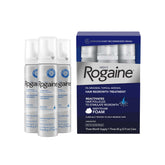 Rogaine front packaging showing three unscented foam canisters benefits easy supply