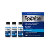 Rogaine front packaging showing three 2 fl oz bottles and product benefit