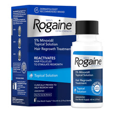 Rogaine front view bottle showing brand and 2 fl oz size for clear product identification