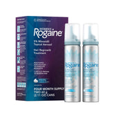 Rogaine front packaging showing two 2.11 oz canisters and product benefit