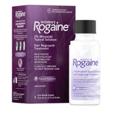 Rogaine front packaging showing bottle and label, clear product identification and benefit