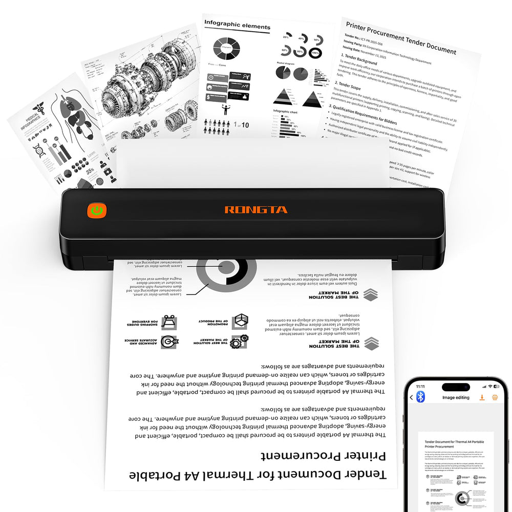 Rongta front view showing compact black design and easy-access printing for travel convenience