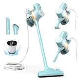 Roomie Tec front view of stick vacuum showing compact design and benefit of easy storage