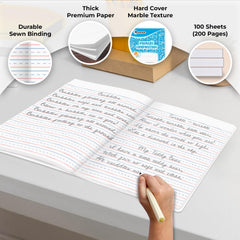 Rosmonde primary-ruled pages with dashed midline aiding neat handwriting