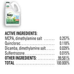 Roundup brand refill being poured into wand bottle for fast, no-mix lawn treatment
