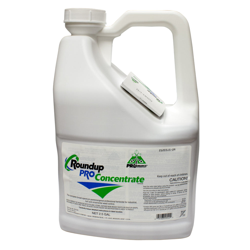 Roundup Pro front label on 2.5 gallon jug showing concentrated capacity and economical coverage