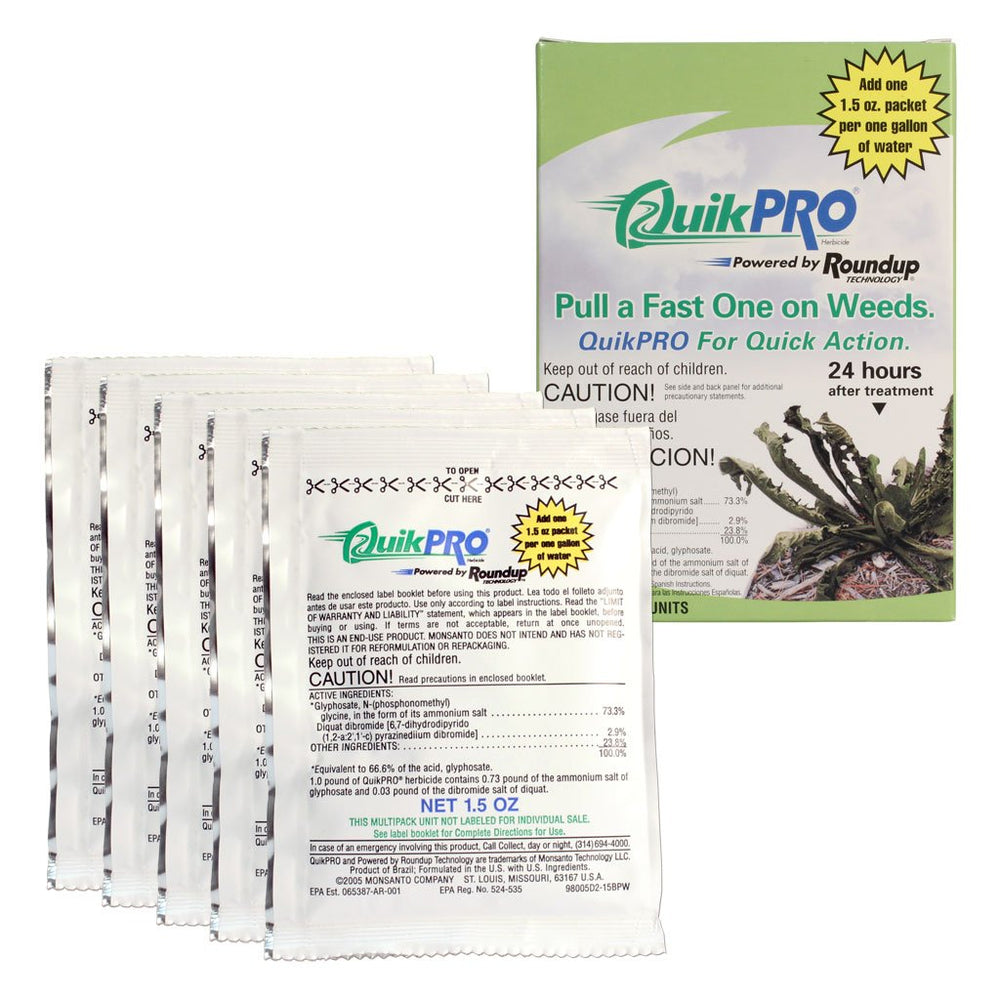 Roundup Quick Pro front box showing label and benefits for fast weed control