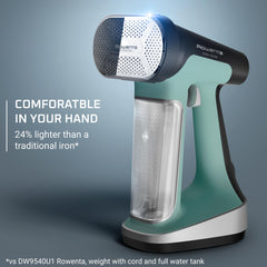 Rowenta steaming a hanging shirt showing quick vertical wrinkle removal